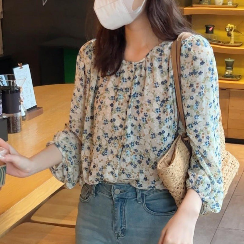 Floral Shirt Western Style Super Fairy Puff Sleeve Top