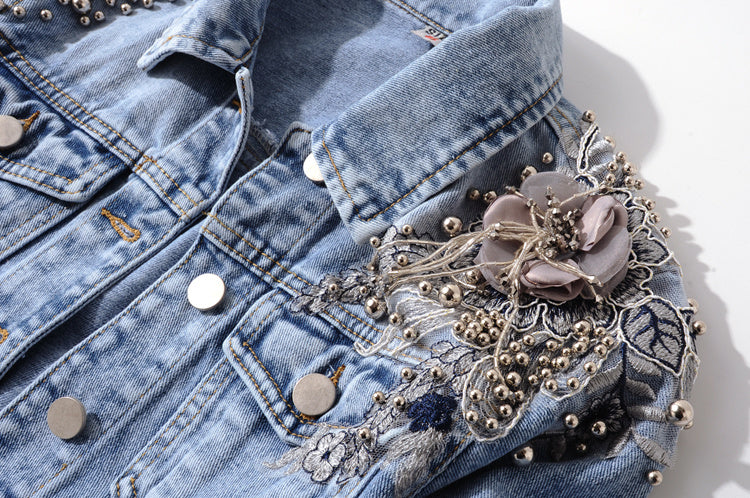Heavy Industry Beaded Flowers Long-sleeved Denim Jacket