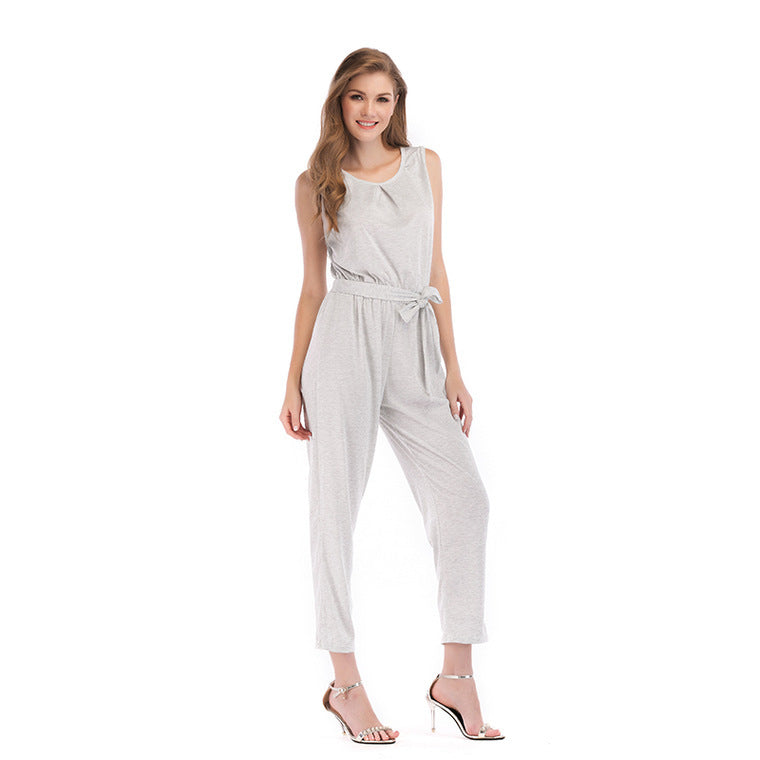 Solid Color Mid-Waist Nine-Minute Cotton Blend Jumpsuit
