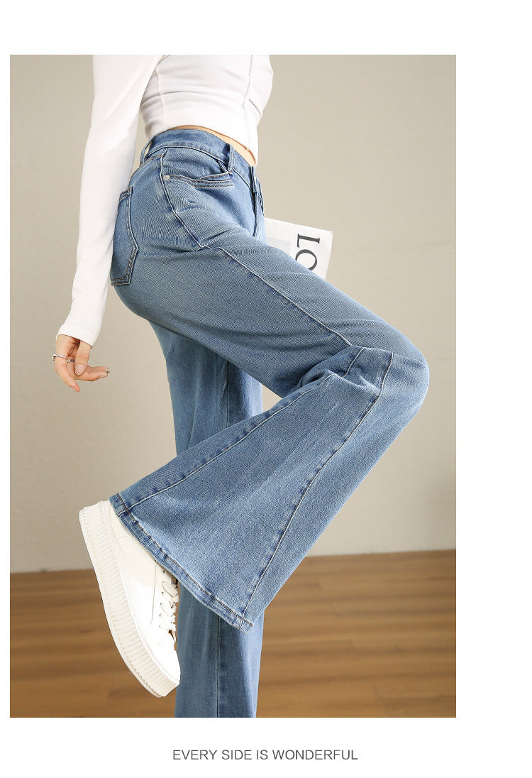 Jean évasé taille haute en denim bleu pour femme