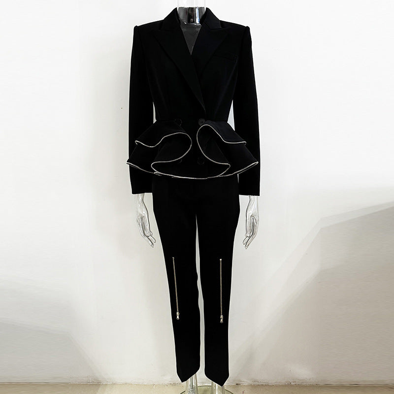 Black Zipper Ruffled Blazer & Skinny Pants Two-Piece Suit
