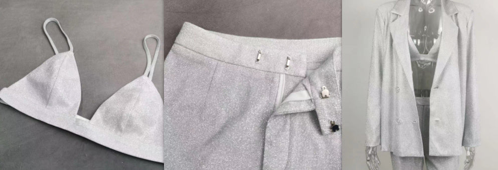 Veste de costume à paillettes, sous-vêtements, pantalon droit.