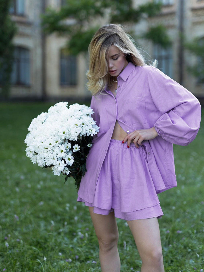 Cotton And Linen Suit Women's Long Sleeves Shorts Two-piece Set