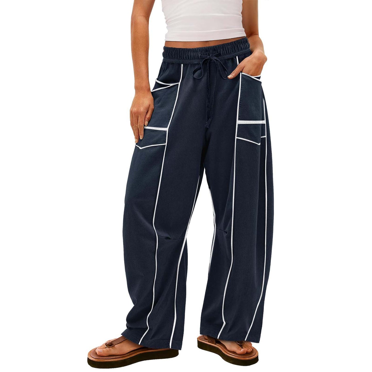 Y2K Black Striped Wide-Leg Cotton Pants with Pockets and Drawstring for Women