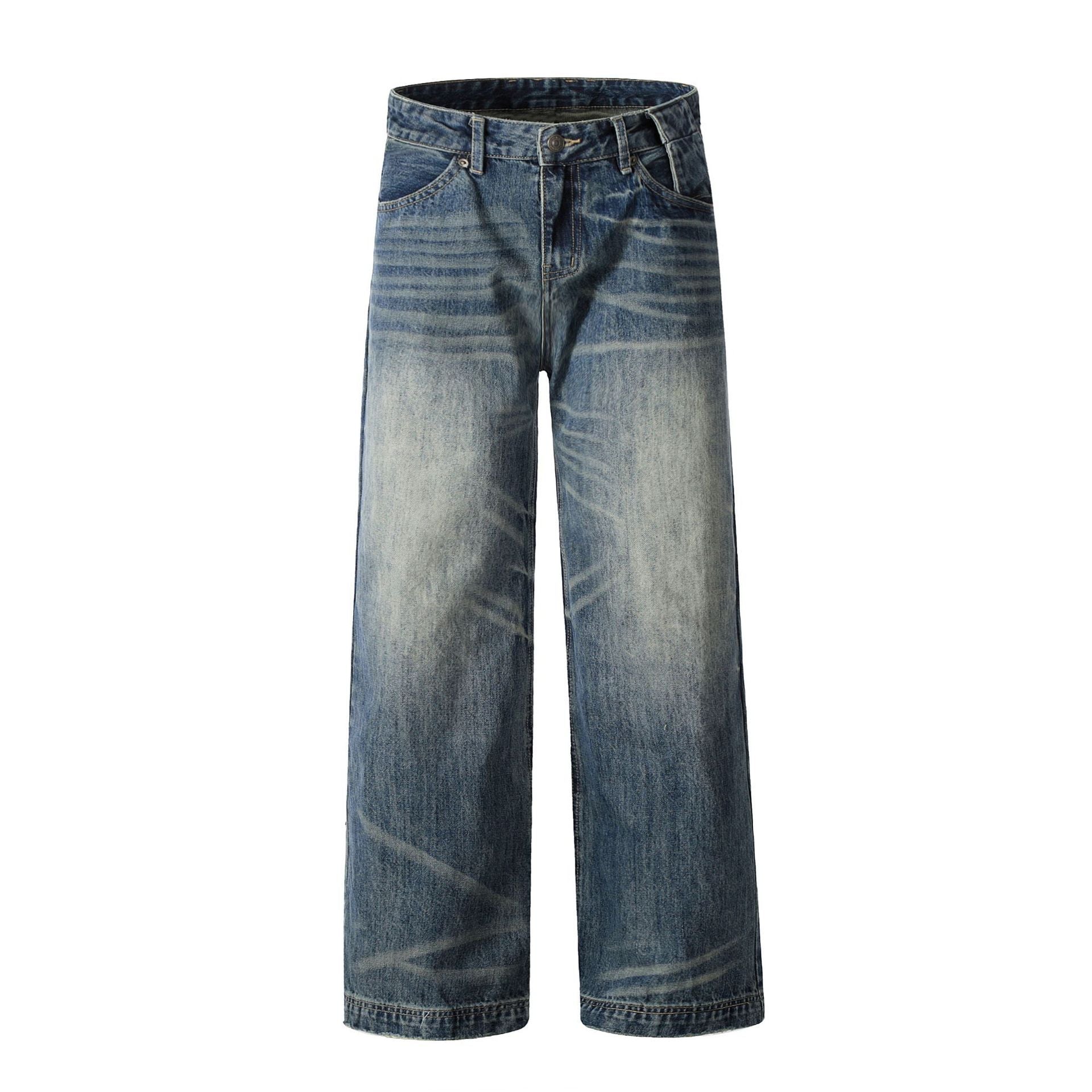 Men's Retro Blue High Waist Straight Cotton Jeans