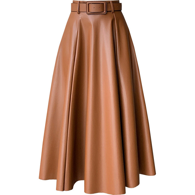 Jupe midi trapèze taille haute en peau de mouton pour femme