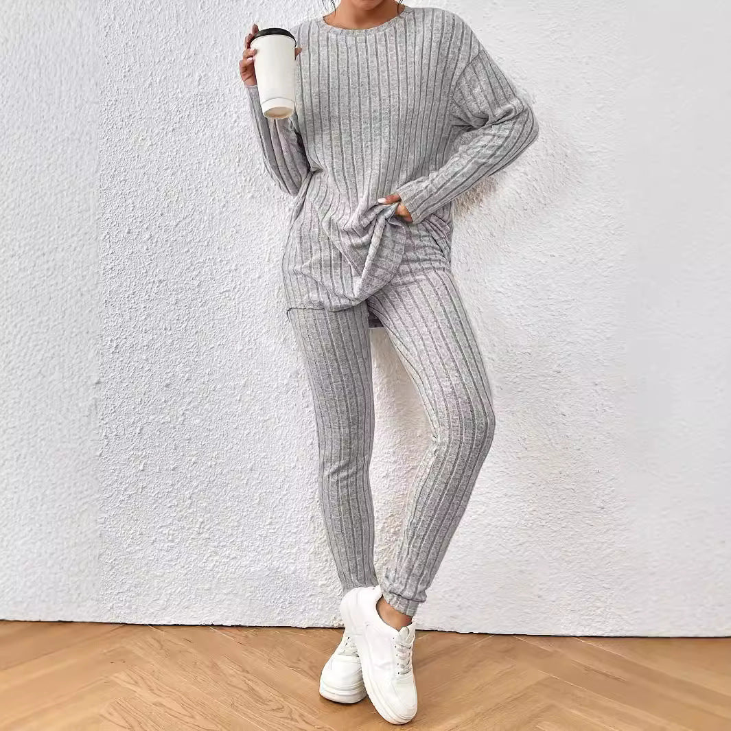 Casual Loose Round Neck Sunken Stripe Knit Suit for Women