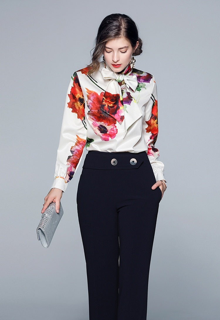 Women's White Long Sleeve Shirt with Bow Ribbon Print