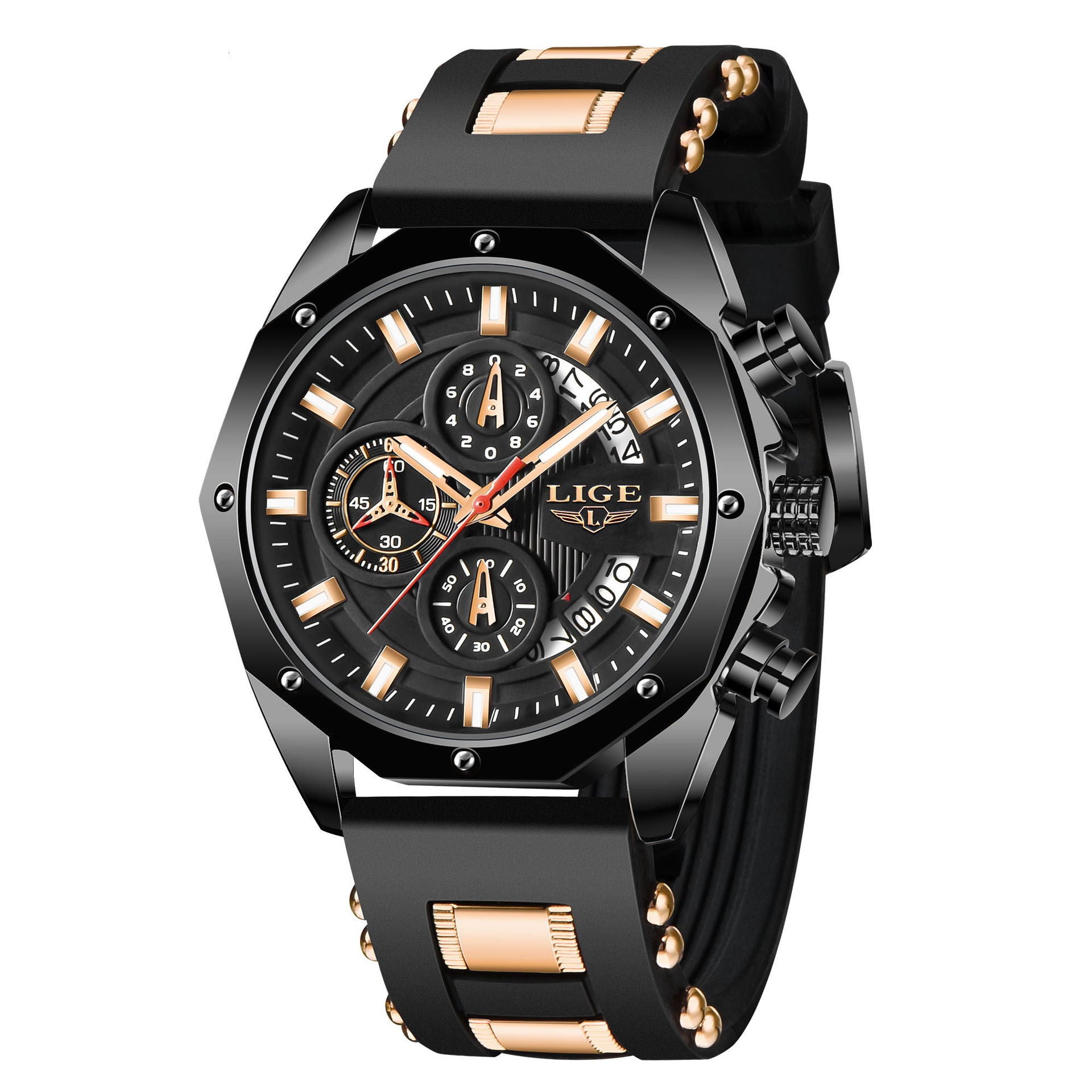 Luxury Mens Silicone Sport Watch Quartz Waterproof Chronograph Date 46mm Dial