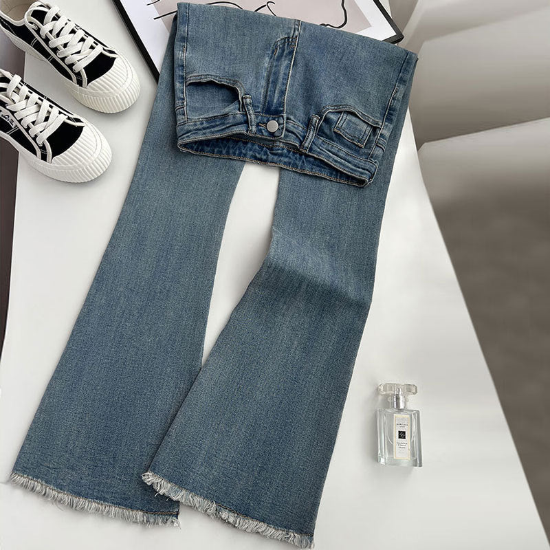 Jean skinny taille haute rétro personnalisé pour femme en bleu vintage, noir et gris