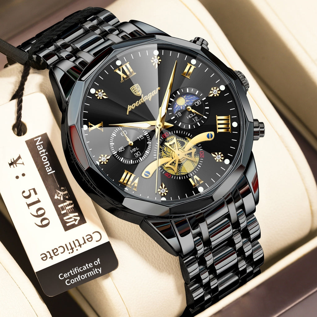 Waterproof Multifunctional Quartz Watch for Men with Stainless Steel Strap