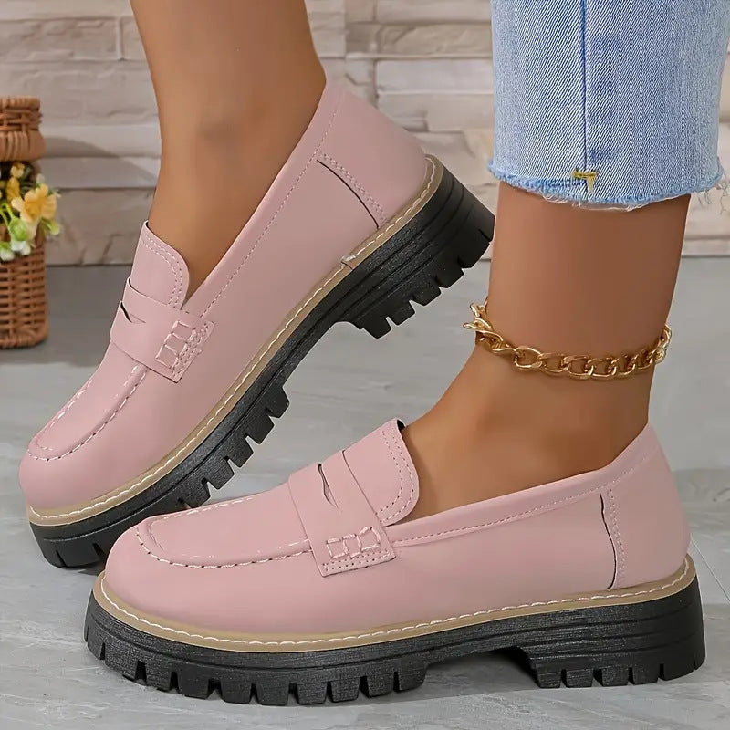 Chaussures décontractées à talon mi-haut pour femmes, style britannique mat