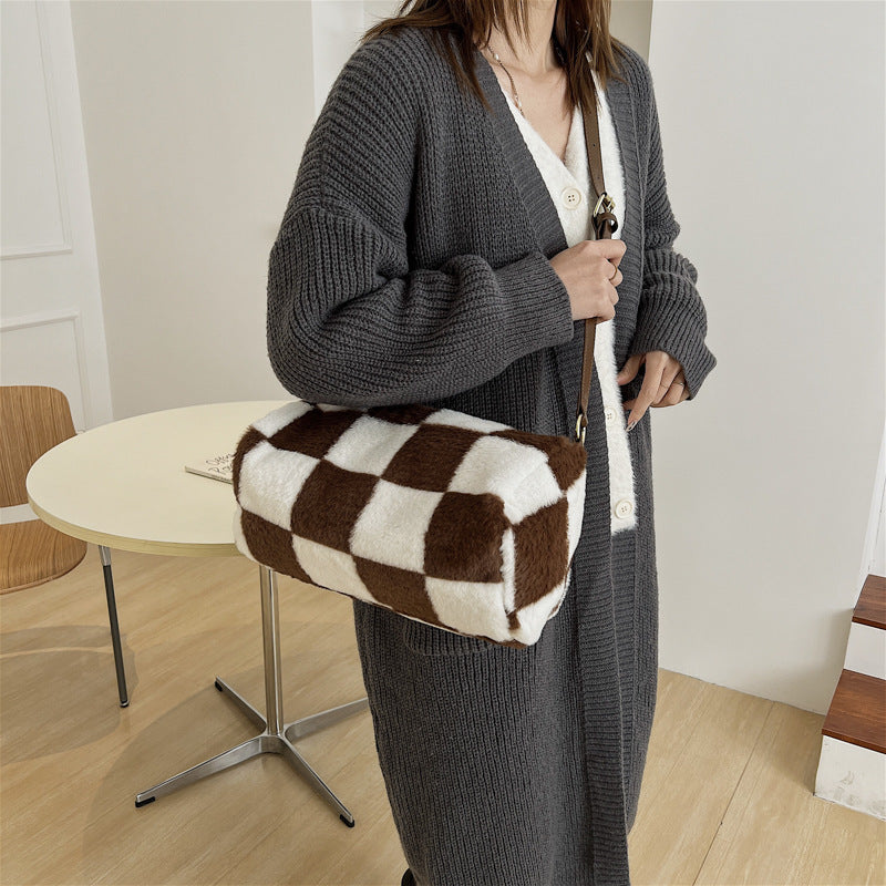 Sac seau à carreaux fleuris en peluche pour femme 33x34x21cm