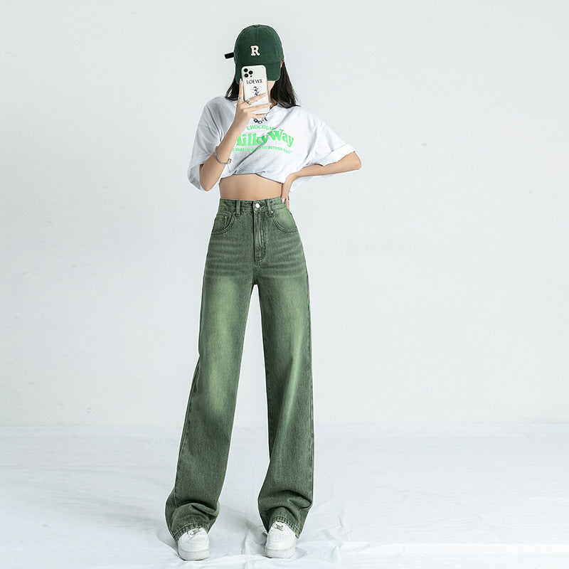 بنطلون جينز نسائي بخصر عالٍ، بنمط أمريكي مستقيم، بتصميم كلاسيكي