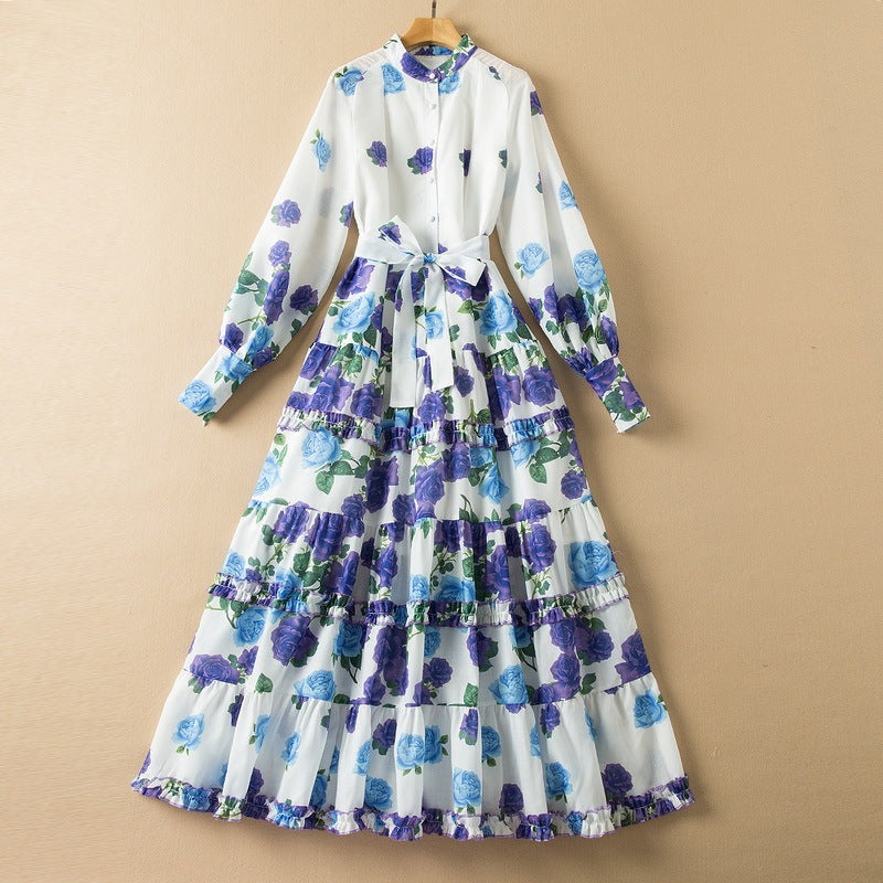Stand Collar Long Sleeve Floral Lace-Up Cotton Blend Dress