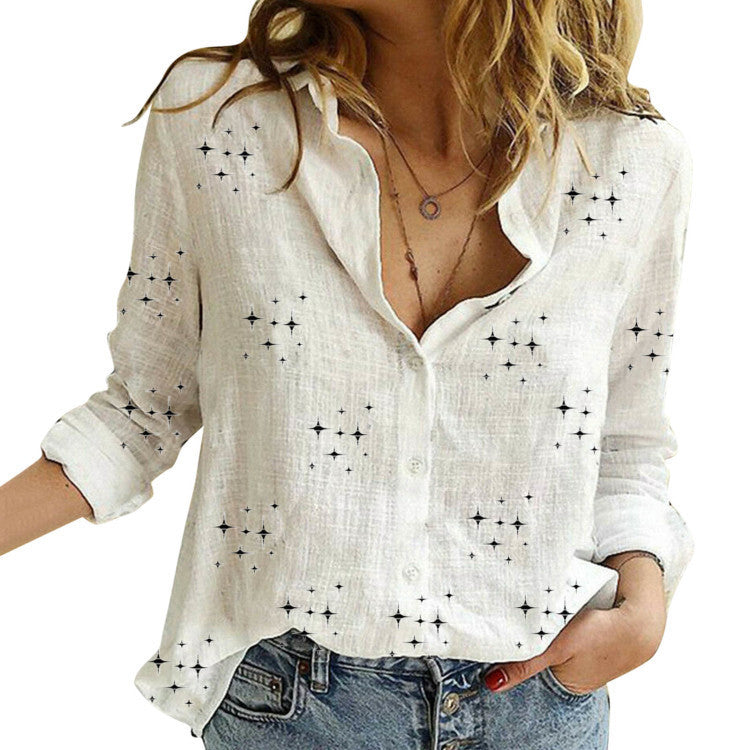 European & American Printed Loose Long-Sleeve Cotton Top