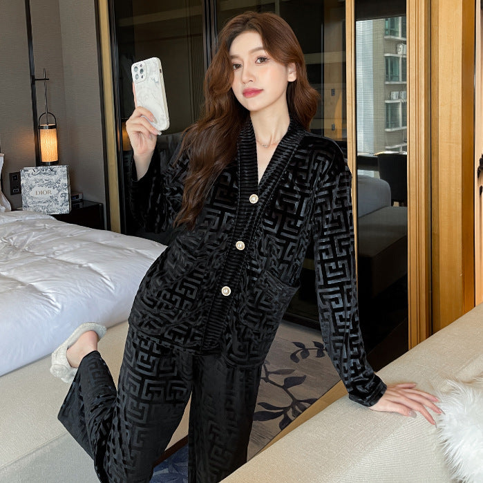 Gold Velvet Women's Pajama Set - Medium Thickness, Long Sleeve, Trousers, Winter Spring Autumn