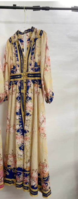 Robe imprimée à manches lanternes simple boutonnage en coton et lin
