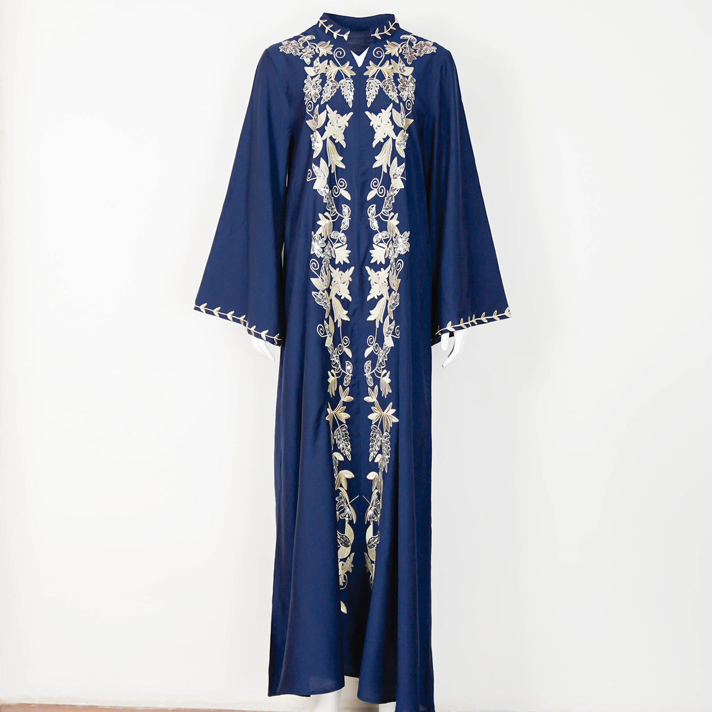 Embroidered Long Sleeve Evening Dress for Women in Dark Green & Blue