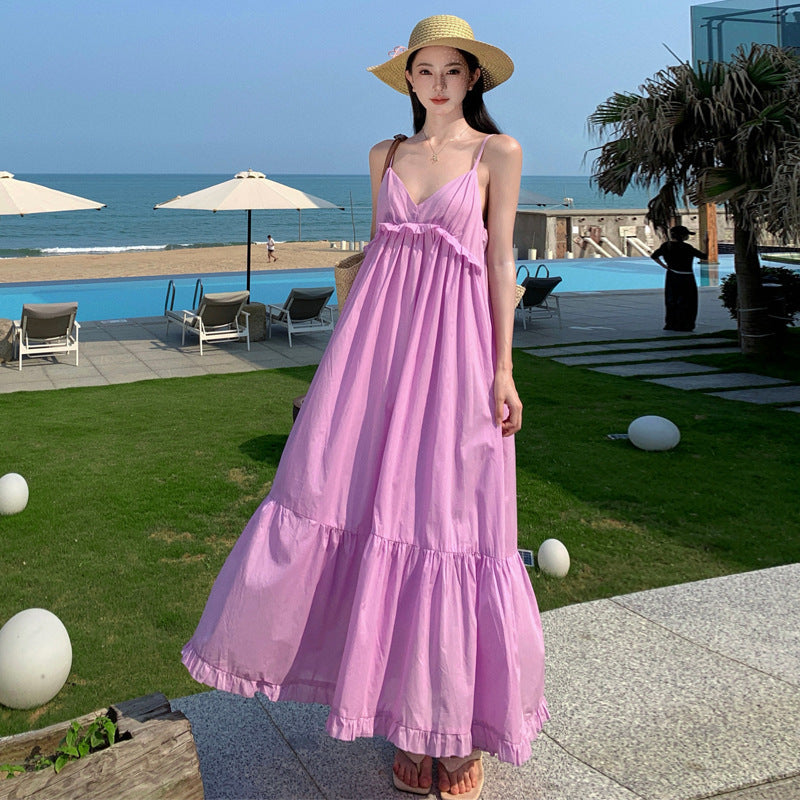 Purple Ramie Cotton French Strap Seaside Dress