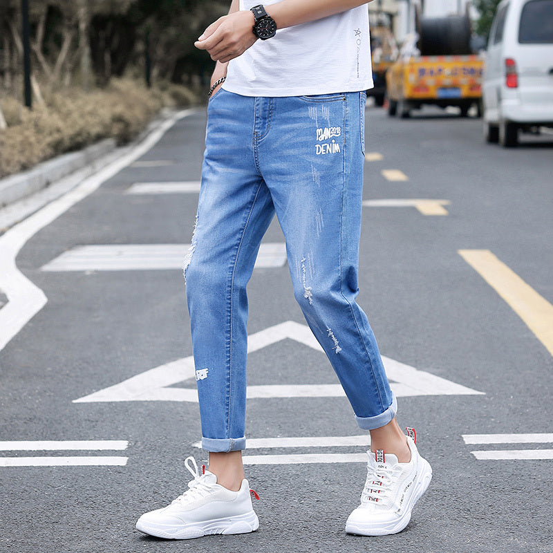 Autumn Black Ripped Ankle Jeans for Men