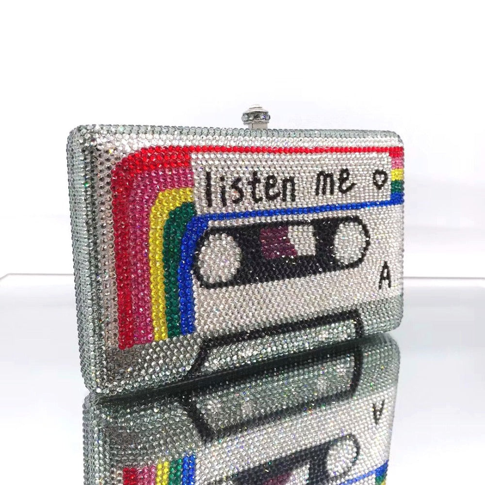 Cassette Tape Crystal Evening Clutch Bag with Chain 16.5cm