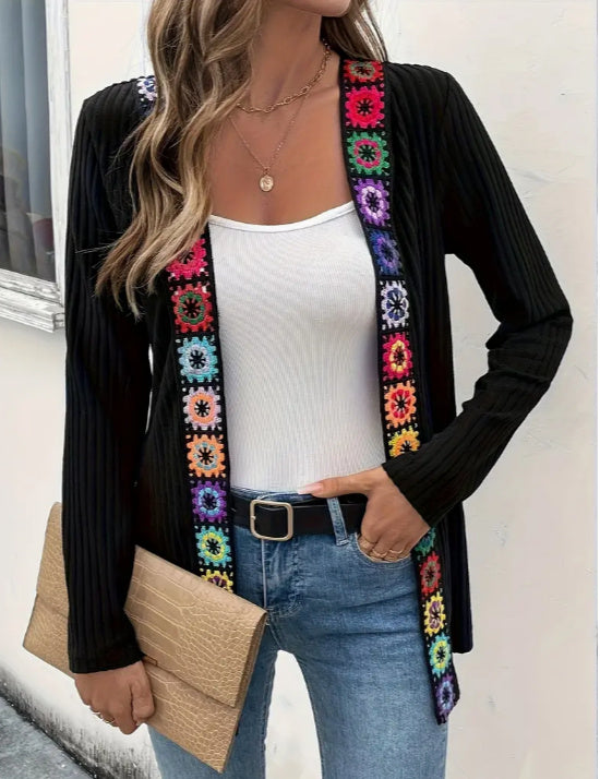 Ethnic Patchwork Black Polyester Cardigan Jacket Long Sleeve