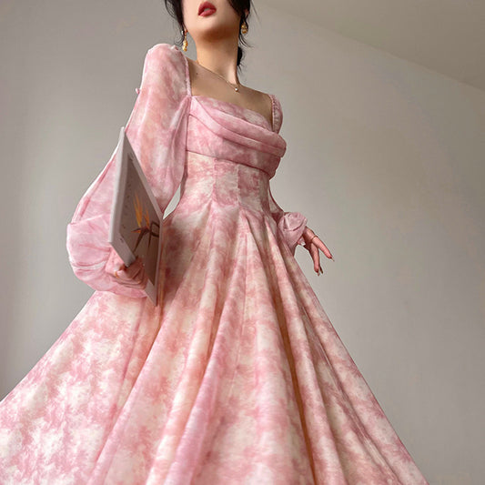 Tea Break Printed Waist Dress With Large Skirt