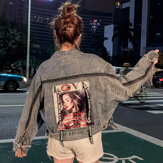 Printed beaded denim jacket