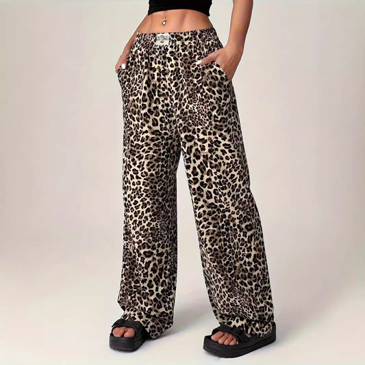 Leopard Print Straight Casual Printed Trousers Loose Wide Leg Pants For Women