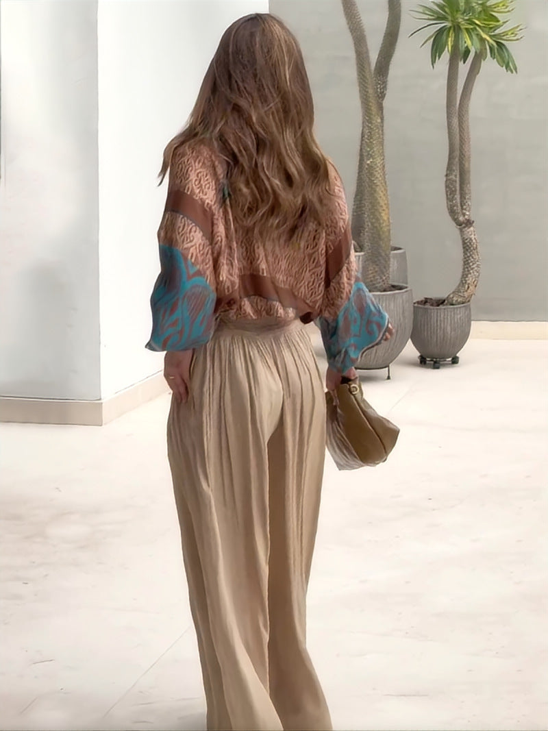 Positioning Printed Top Wide Leg Pants Two-piece Set