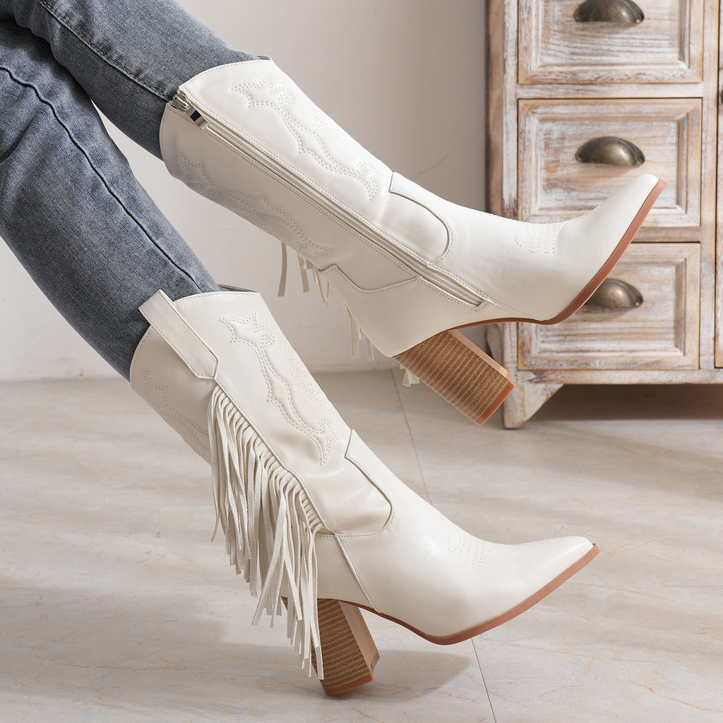 Bottes de cowboy western blanches brodées à pampilles, talon épais mi-mollet