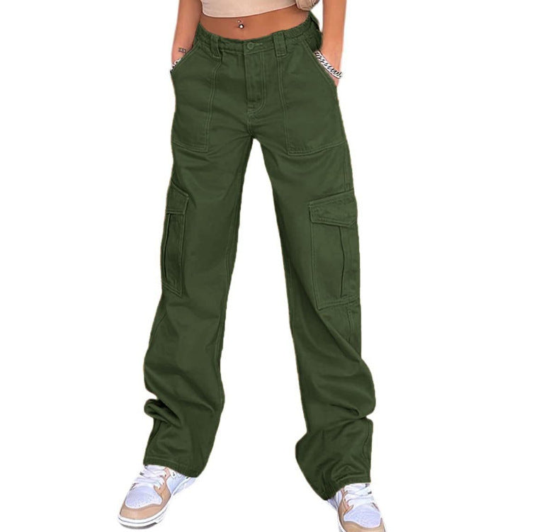 Pantalon droit multi-poches taille haute style workwear