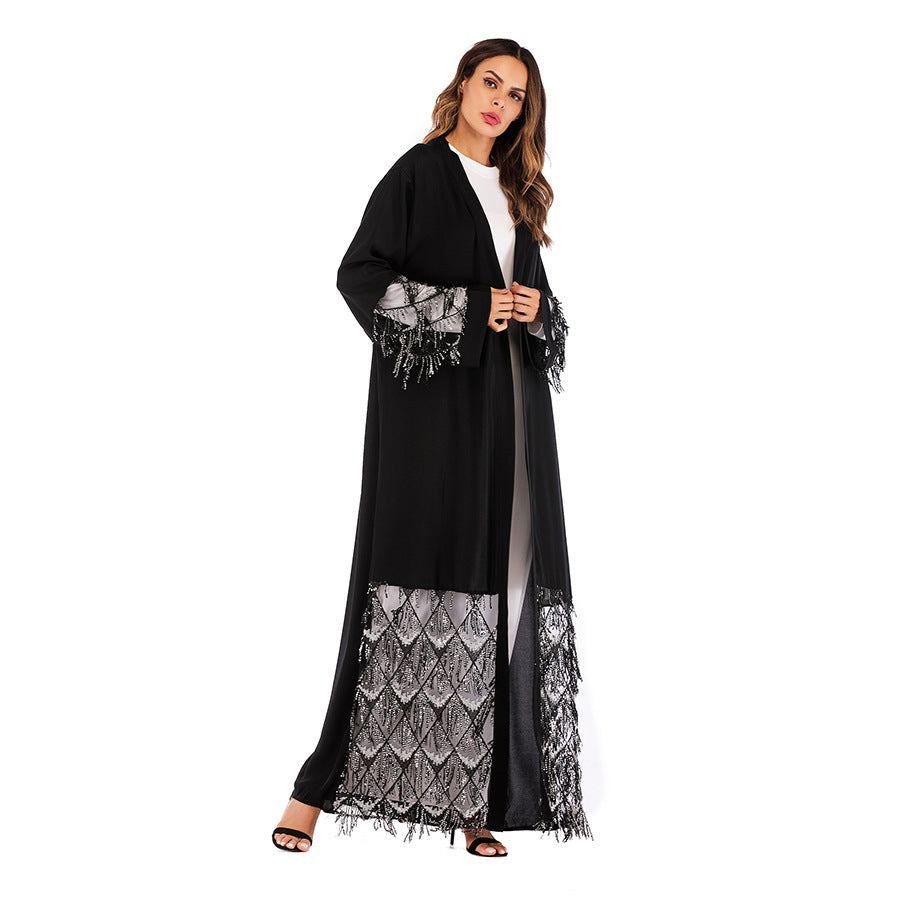 Fashion Robe Mesh Bead Panel Loose Lace Up Long Sleeve Cardigan, Middle Eastern Women’s Dress
