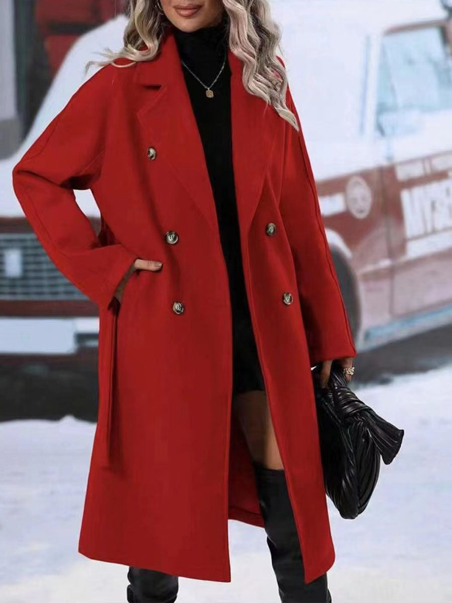 Manteau Trench long femme double boutonnage à revers et ceinture pour l'hiver