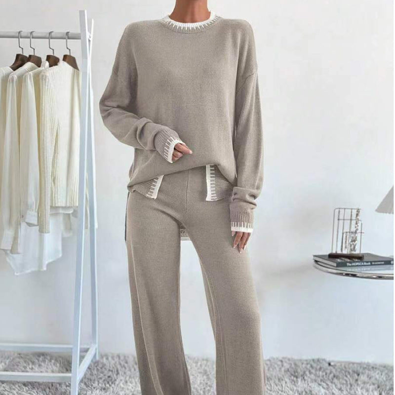 Women's Contrast Color Knitted Sweater Trousers Two-piece Set
