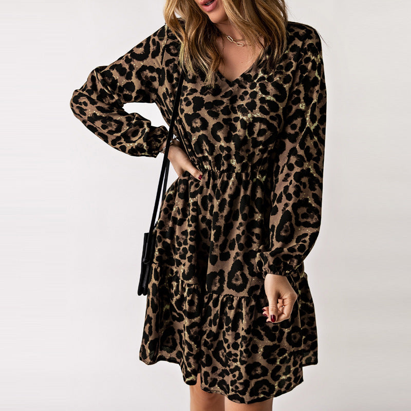 Leopard Print Long Sleeve Pullover Dress for Women