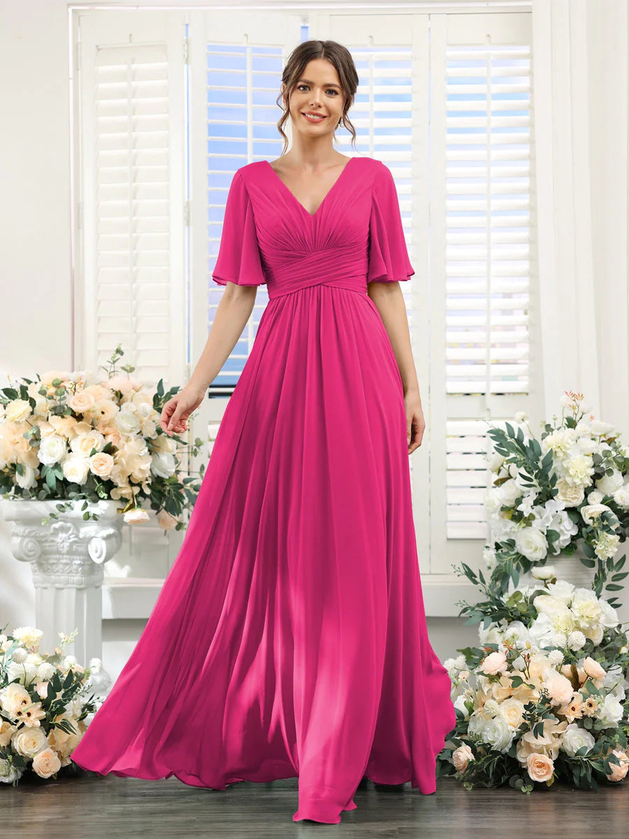 Robe de soirée longue en mousseline de soie à col en V et manches papillon