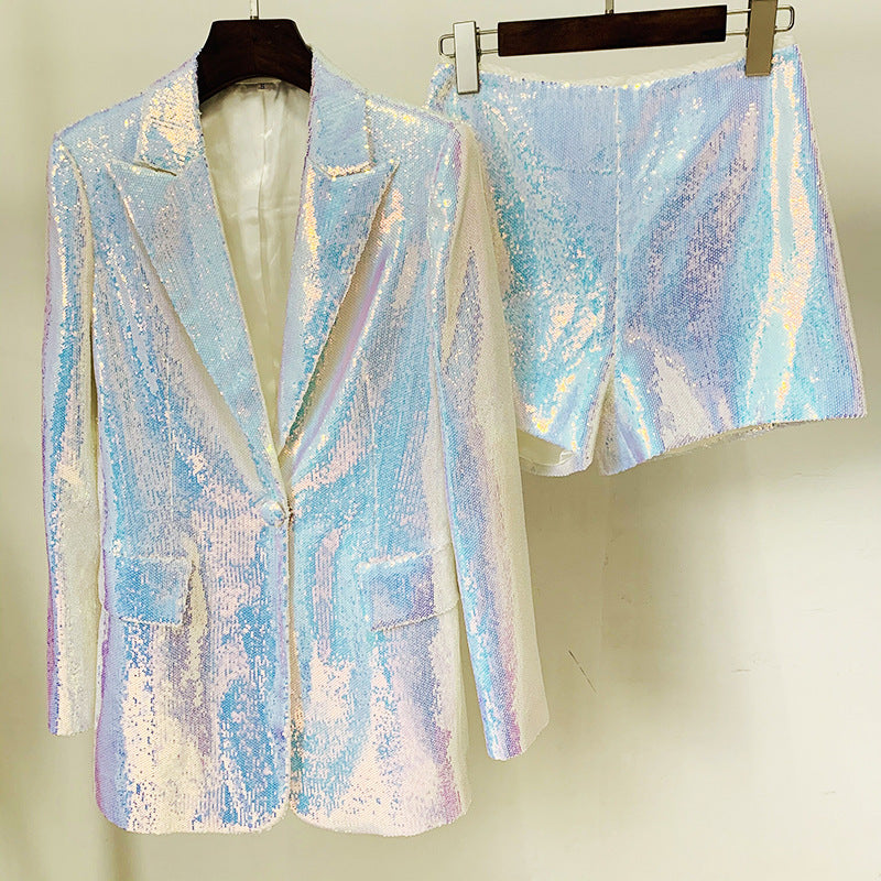 Ensemble short et veste à un bouton à paillettes argentées Magic