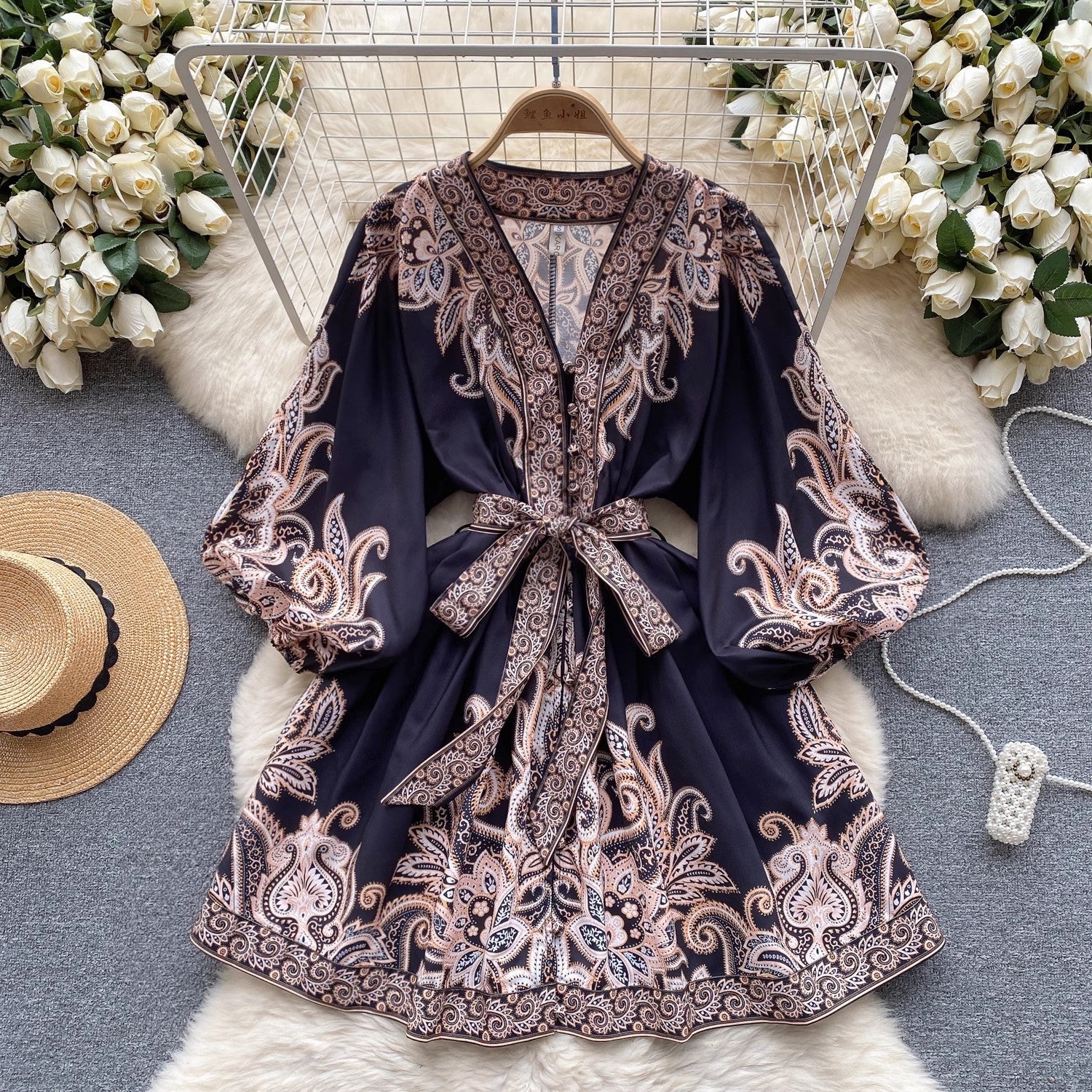 Robe femme imprimée à manches lanternes et taille haute