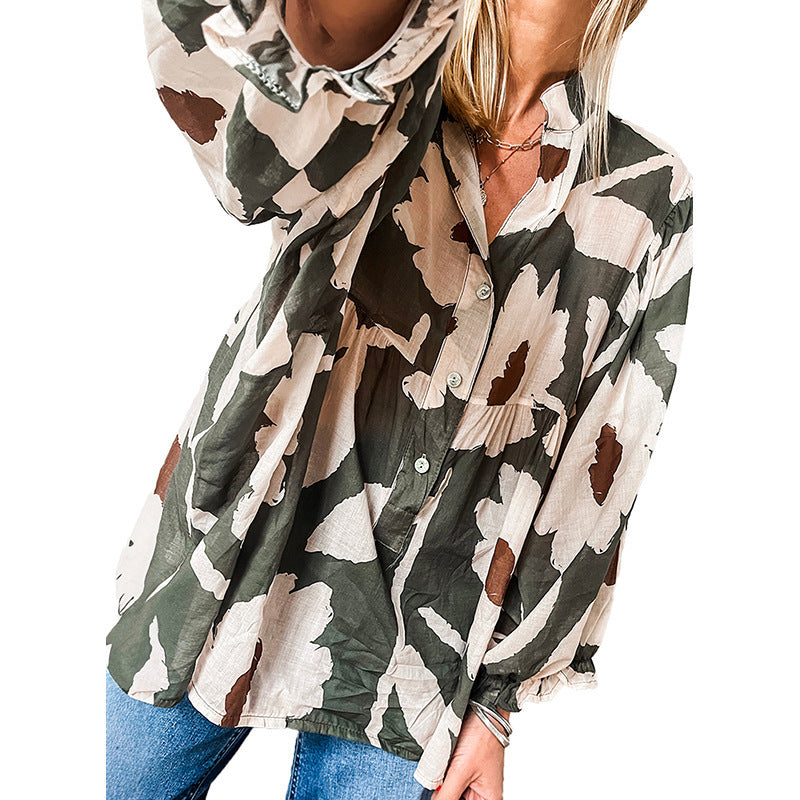 Vintage Floral Print Cardigan Shirt European & American Fashion