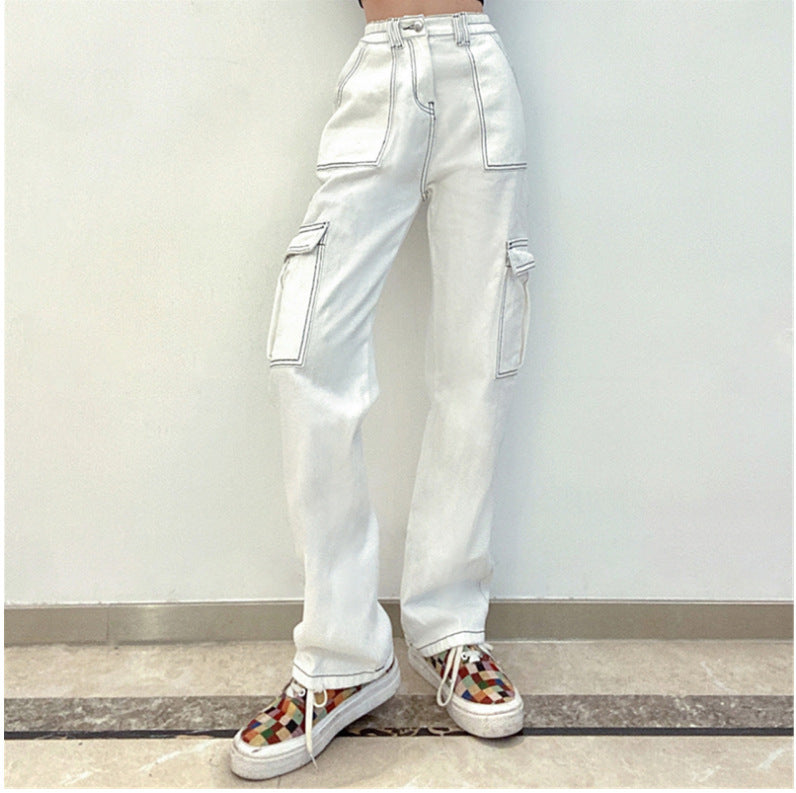 Pantalon droit multi-poches taille haute style workwear