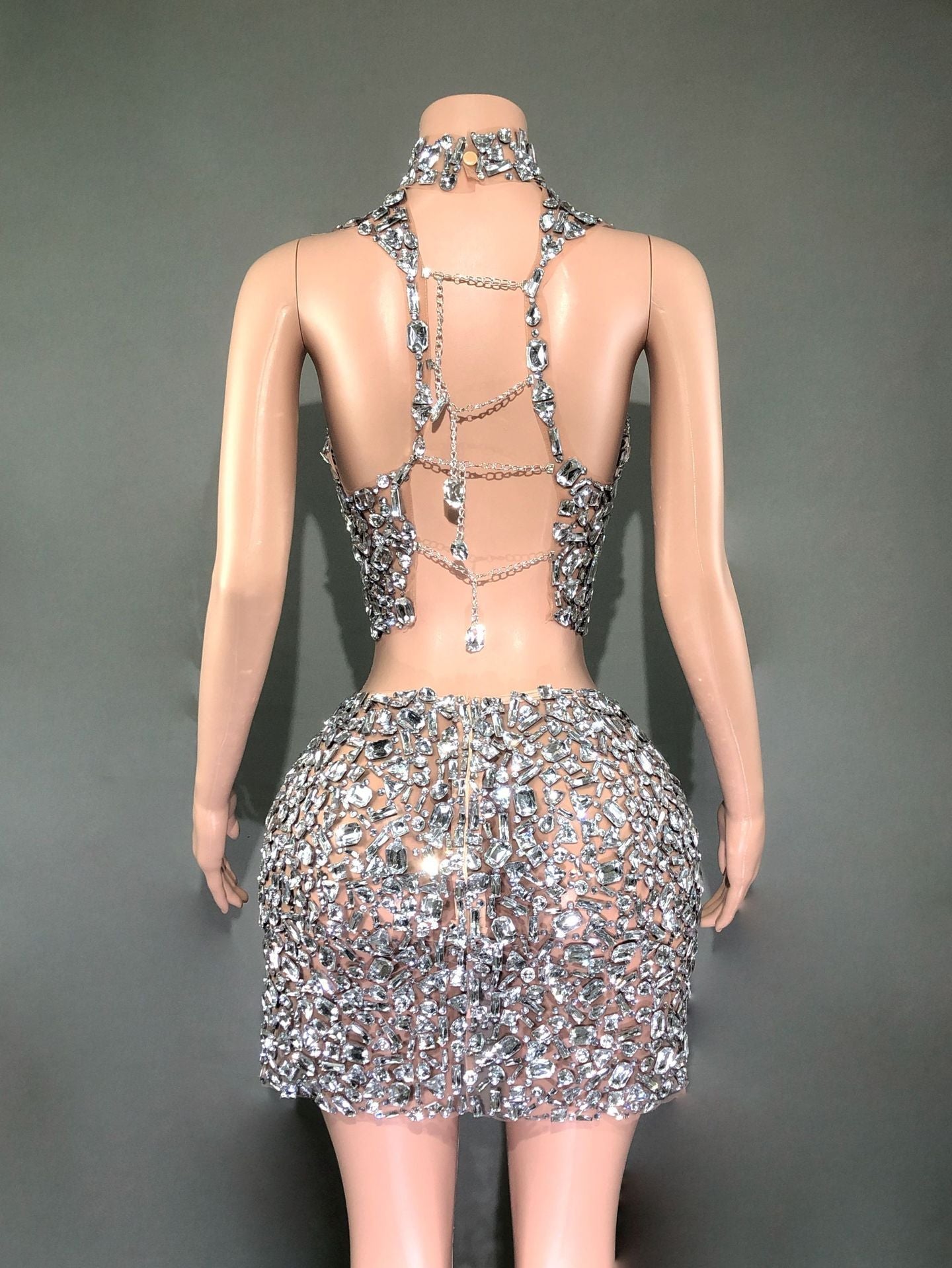 Catwalk Banquet Two-Piece Rhinestone Diamond Waist Slimming Short Gown Set