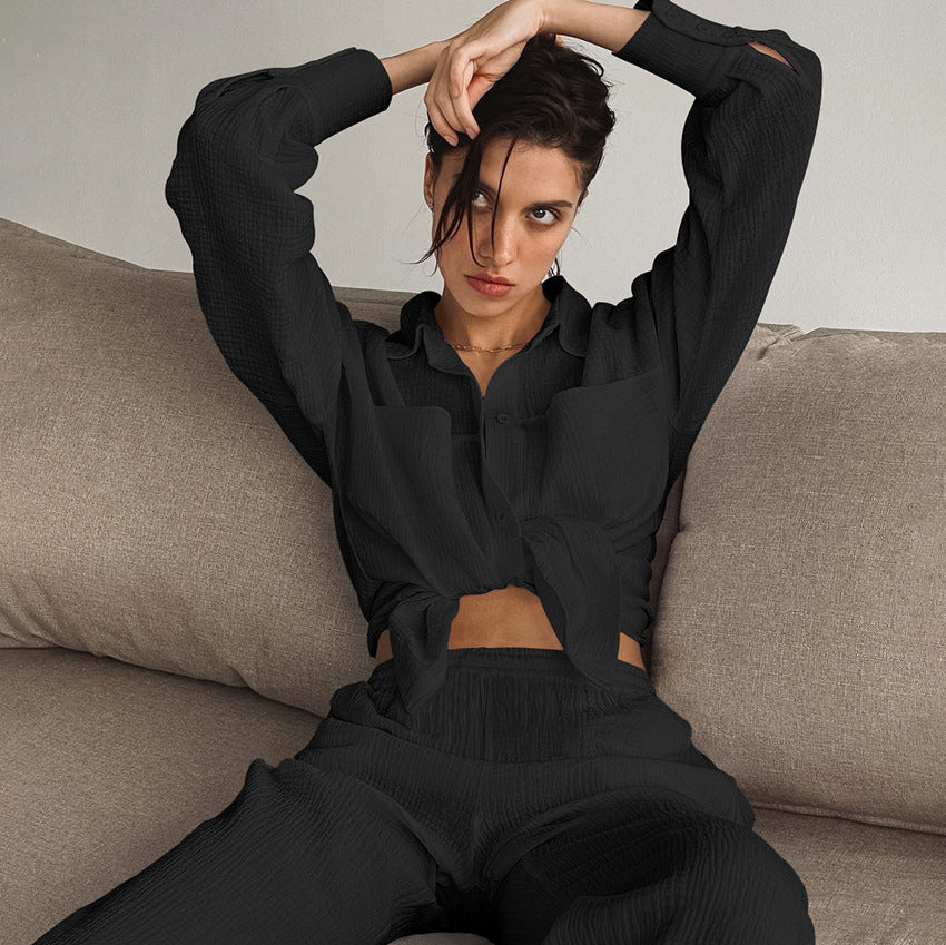 Women's Cotton Casual Loose Long Sleeve Shirt & High Waist Straight Pants Set