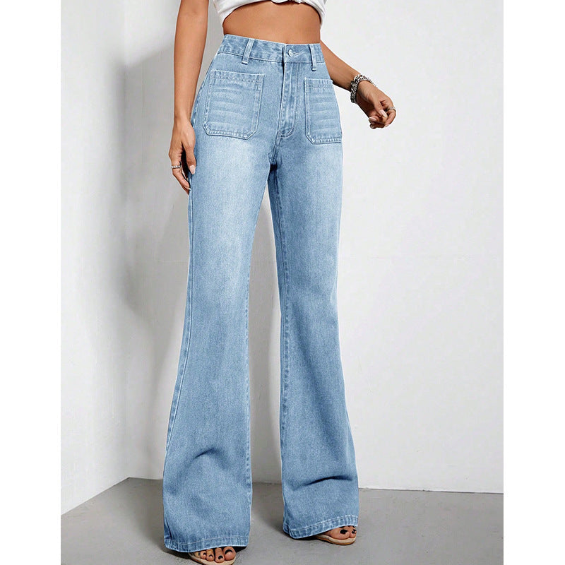 Pantalon Large en Jean Taille Haute Bleu Clair pour Femme