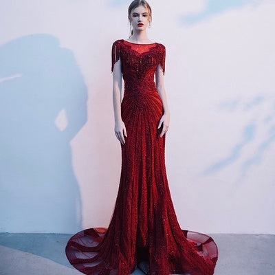 Robe de soirée de mariée sirène bordeaux à manches longues