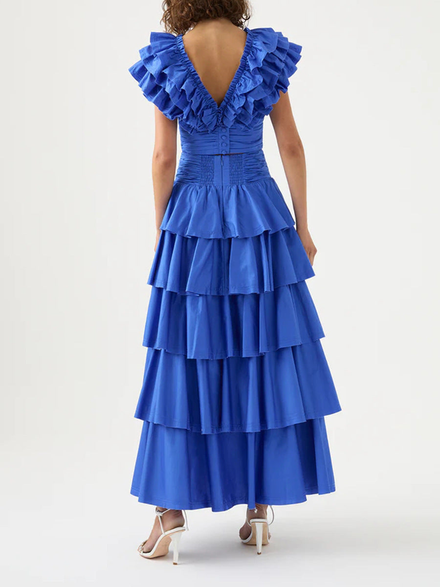 Women's V-Neck Lace Short Top & High Waist Cake Layer Dress Suit