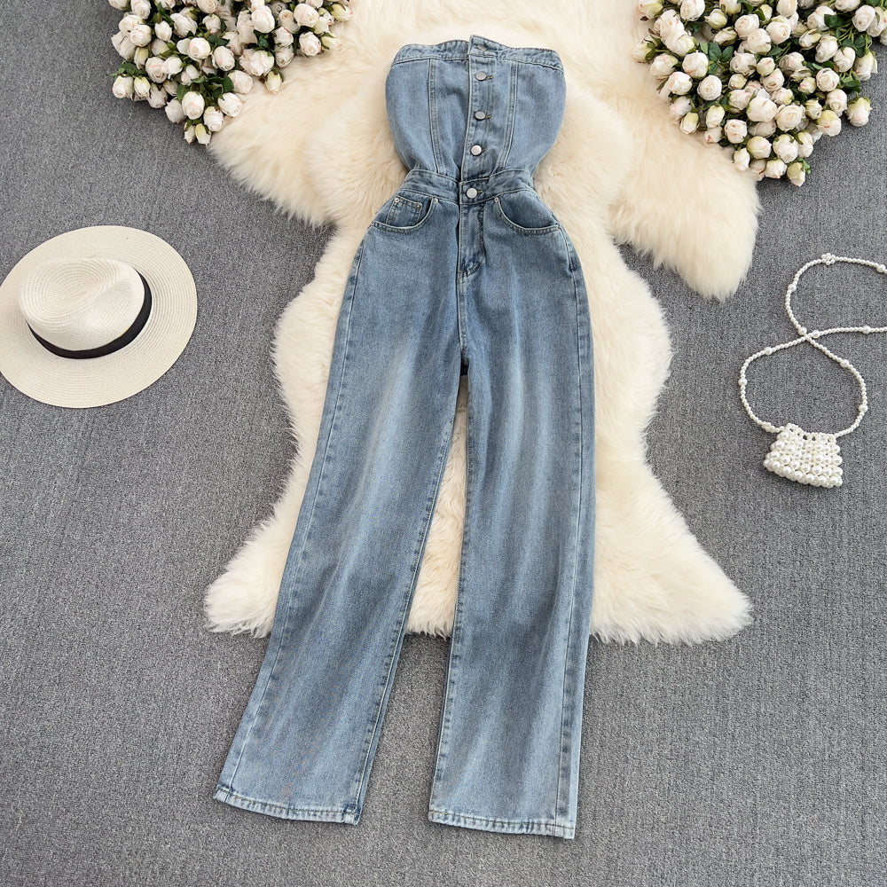Sleeveless Pocket Denim Straight Wide Leg Jumpsuit