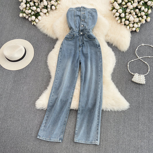 Sleeveless Pocket Denim Straight Wide Leg Jumpsuit