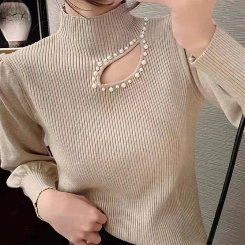 Beaded Half Turtleneck Puff Sleeve Long Sleeve Shirt